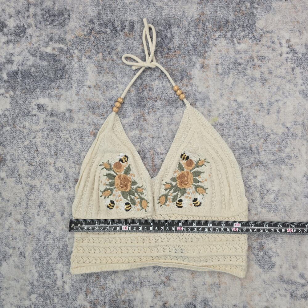 ROMWE Tank Top Womens XL White Crochet Halter Floral Boho Festival Cropped NEW - Picture 3 of 8